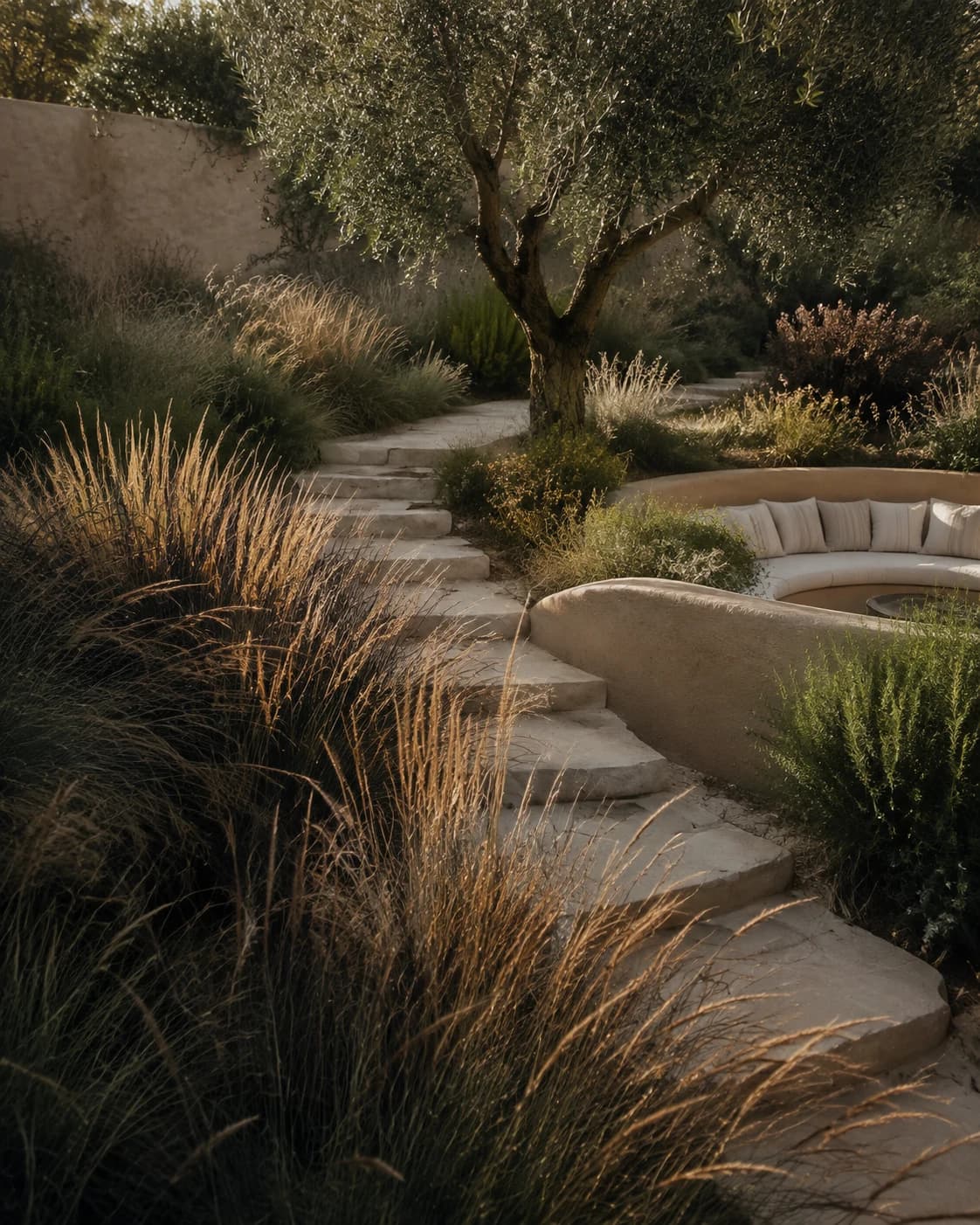Sunlit native grasses and limestone steps around an olive tree