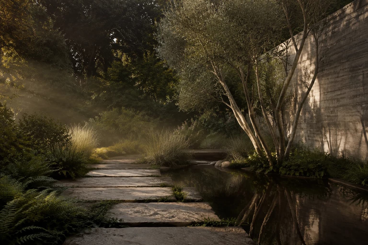 An olive tree above a reflecting pool and limestone path in a lush courtyard