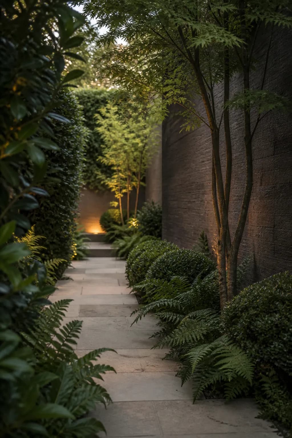 A softly lit stone passage lined with ferns, boxwood, and multi-stem trees