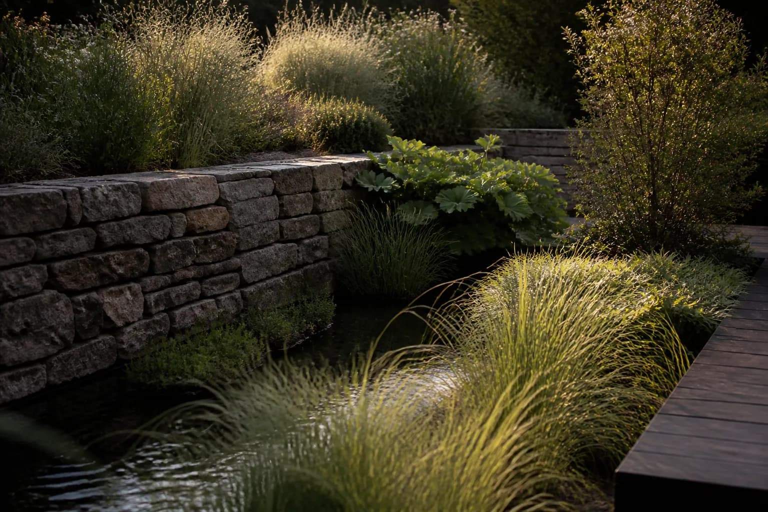 Evening light on ornamental grasses beside a dry-stone wall and still water