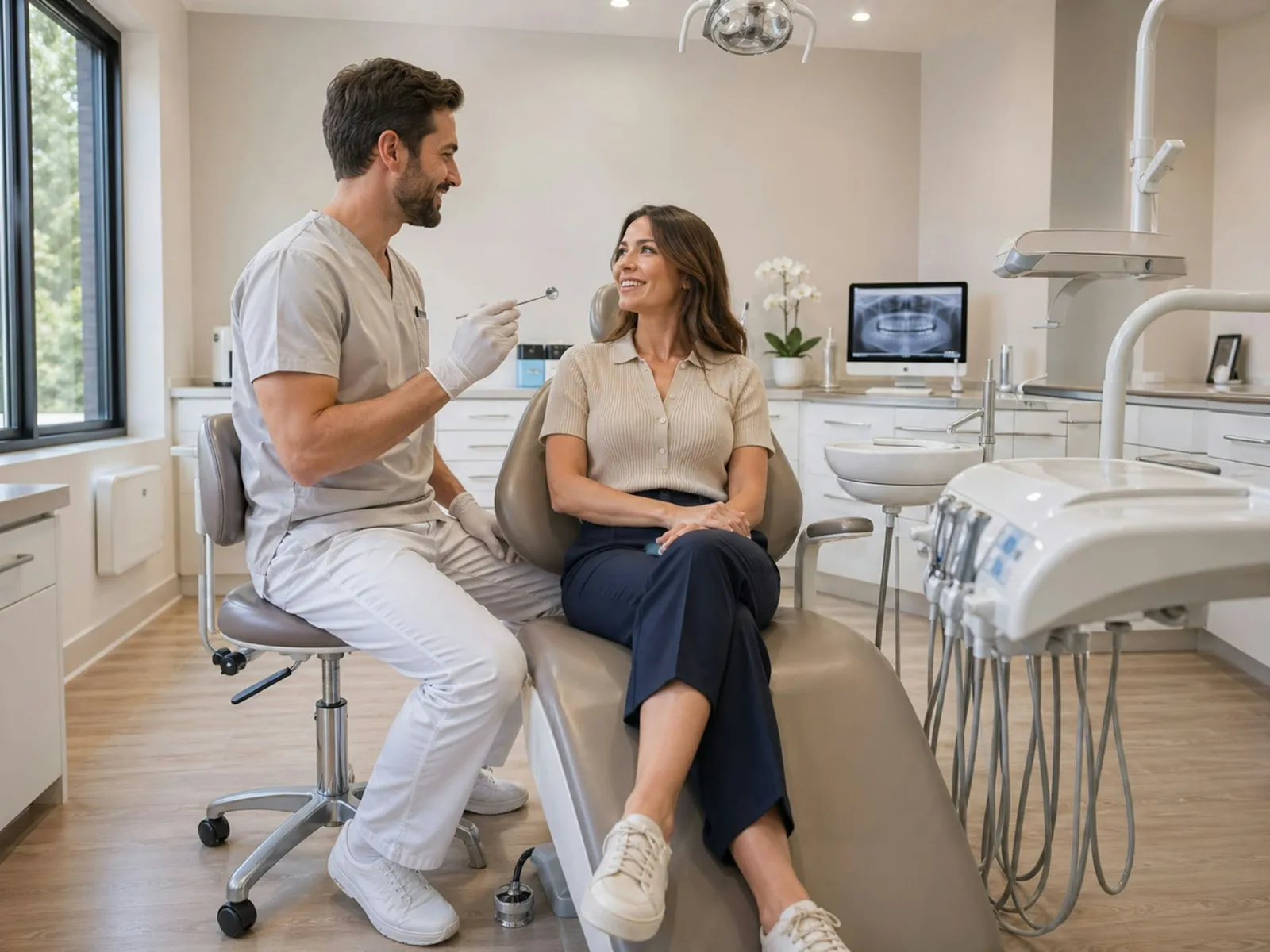 A dentist and a relaxed patient talking in a bright treatment room