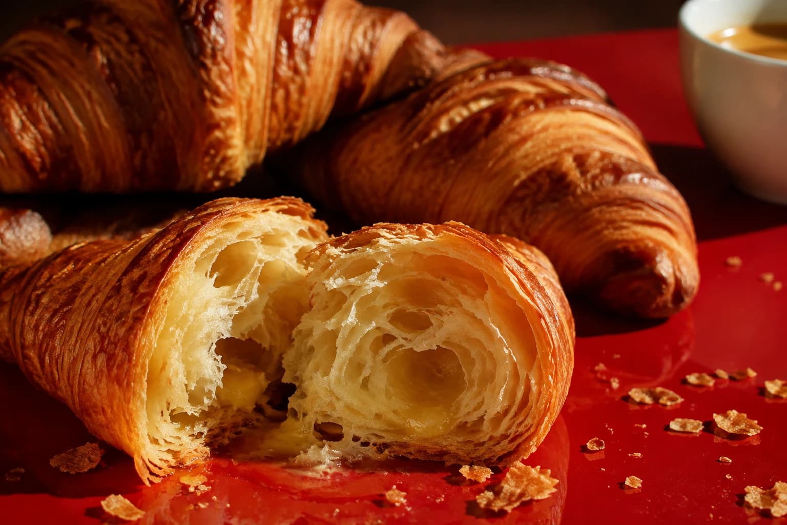 Golden flaky croissants and espresso on a cherry-red cafe table